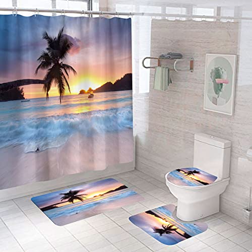 OwkHome 4er Strand-Duschvorhang-Set Mit Rutschfesten Matten, WC-Deckel Und 12 Haken - Ozean Sonnenaufgang Badezimmerdeko(Sunset 5) von OwkHome