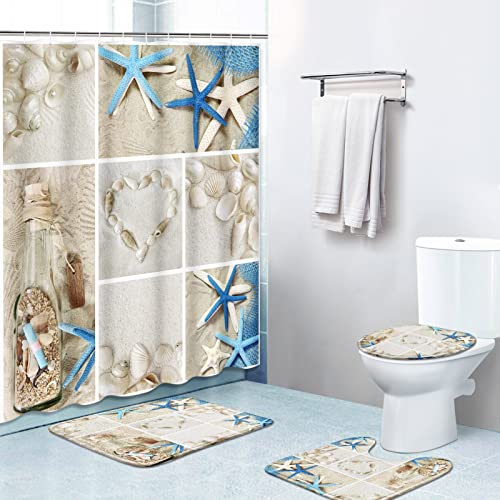 OwkHome 4er Strand-Duschvorhang-Set - Muscheldesign, Wasserdicht & rutschfeste Matten(Summer Seashells) von OwkHome
