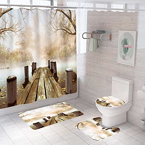 OwkHome 4er Wald-Wasserfall-Duschvorhang-Set Mit Rutschfesten Matten, WC-Deckel Und 12 Haken - Natürliche Badezimmerdeko(A15) von OwkHome