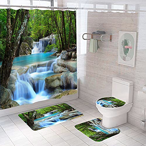 OwkHome 4er Wald-Wasserfall-Duschvorhang-Set Mit Rutschfesten Matten, WC-Deckel Und 12 Haken - Natürliche Badezimmerdeko(A4) von OwkHome