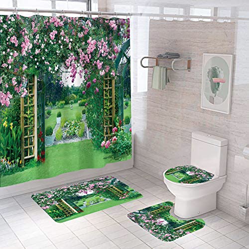 OwkHome 4er Wald-Wasserfall-Duschvorhang-Set Mit Rutschfesten Matten, WC-Deckel Und 12 Haken - Natürliche Badezimmerdeko(A9) von OwkHome