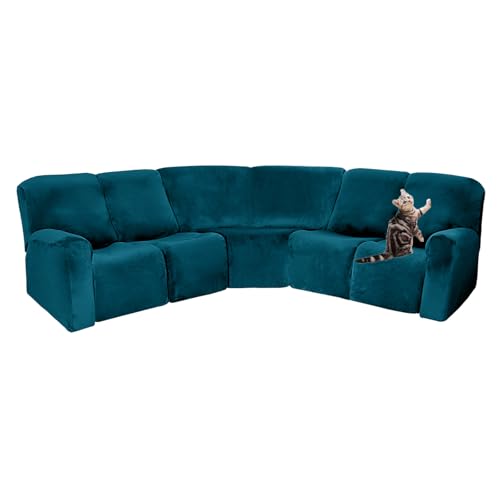 OwkHome 7-teiliges Sofabezug-Set Aus Samt, Stretch, L-Form, Rutschfester Liegeschutz(Aqua Blue) von OwkHome