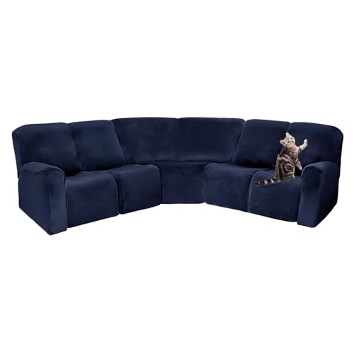 OwkHome 7-teiliges Sofabezug-Set Aus Samt, Stretch, L-Form, Rutschfester Liegeschutz(Navy Blue) von OwkHome