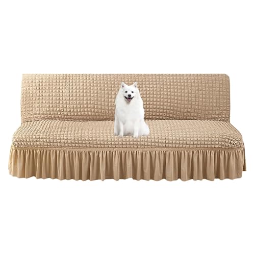 OwkHome Armloser Futonbezug Mit Rock – Seersucker-Stretch-Schonbezug for Faltbare Schlafsofas(Light Coffee,Large) von OwkHome