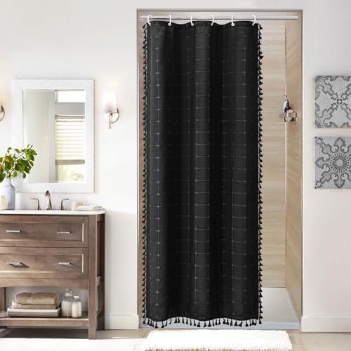 OwkHome Boho Farmhouse Duschvorhang-Set Aus Baumwollleinen for Neutrale Badezimmerdekoration Im Landhausstil, Hellbraun, Taupe, 183 X 183 cm(Black,36" W x 72" L (Pack of 1)) von OwkHome