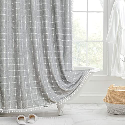 OwkHome Boho Farmhouse Duschvorhang-Set Aus Baumwollleinen for Neutrale Badezimmerdekoration Im Landhausstil, Hellbraun, Taupe, 183 X 183 cm(Grey,72" W x 84" L (Pack of 1)) von OwkHome