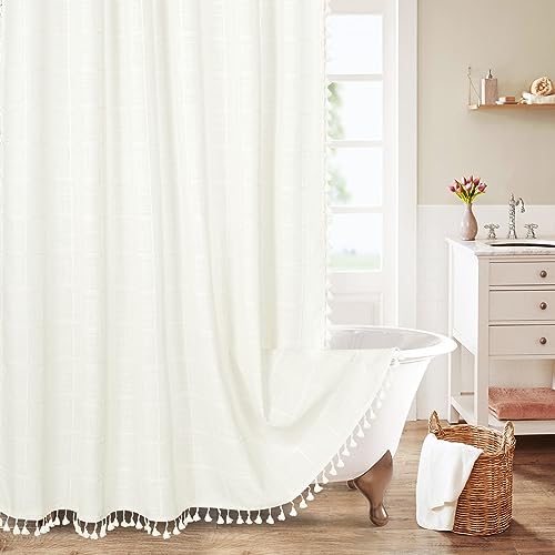OwkHome Boho Farmhouse Duschvorhang-Set Aus Baumwollleinen for Neutrale Badezimmerdekoration Im Landhausstil, Hellbraun, Taupe, 183 X 183 cm(Ivory,72" W x 78" L (Pack of 1)) von OwkHome