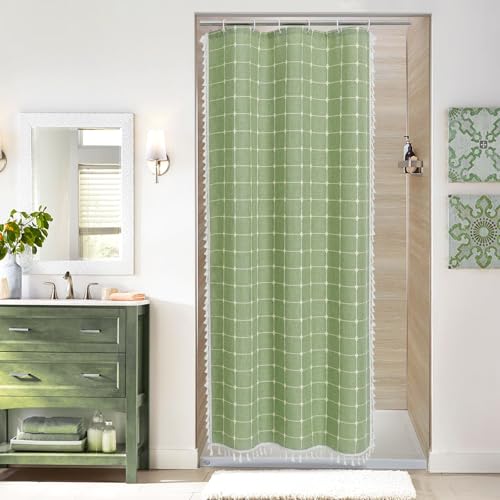 OwkHome Boho Farmhouse Duschvorhang-Set Aus Baumwollleinen for Neutrale Badezimmerdekoration Im Landhausstil, Hellbraun, Taupe, 183 X 183 cm(Sage Green,36" W x 72" L (Pack of 1)) von OwkHome