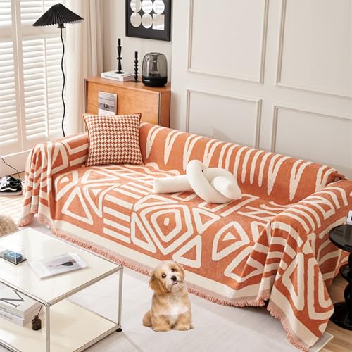 OwkHome Boho-Sofabezug Aus Chenille Mit Rutschfestem Design, Mehrzweck-Haustierschutz In L-Form(Orange,180 * 380cm/71 * 150in) von OwkHome