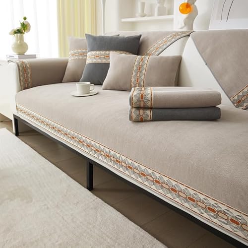 OwkHome Chenille-Patchwork-Sofabezug for L-/U-förmige Couch, Rutschfester 3-Sitzer-Schonbezug, Moderner Möbelschutz(Khaki,70 * 180cm/27.6 * 71in) von OwkHome