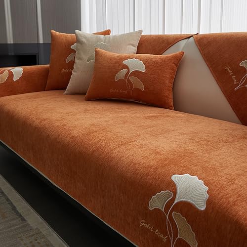 OwkHome Chenille-Sofabezug, Rutschfester Schnittschutz for 2-, 3- Und 4-Sitzer-Couches, Waschbarer Schonbezug(Orange,90 * 90cm/35.4 * 35.4in) von OwkHome
