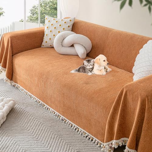 OwkHome Chenille-Sofabezug Mit Fransen, Rutschfester Sofabezug, Haustierbeständiger Möbelschutz(Orange,180 * 180cm/71 * 71in) von OwkHome
