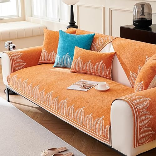 OwkHome Chenille-Sofabezug Mit Kürbismuster, Rutschfester Möbelschutz for L-/U-förmige Sofas(Orange,90 * 160cm/35.4 * 63in) von OwkHome
