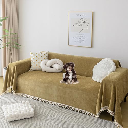 OwkHome Chenille-Sofabezug Mit Quaste, Rutschfester, Waschbarer Schonbezug for Anbausofas, Haustierfreundlicher Möbelschutz(Yellow,180 * 380cm/71 * 149.6in) von OwkHome