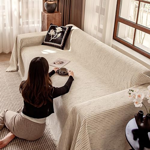 OwkHome Chenille-Sofabezug for 3-Sitzer-Couches, Waschbarer Möbelschutz for Alle Jahreszeiten(Beige,180 * 300CM) von OwkHome