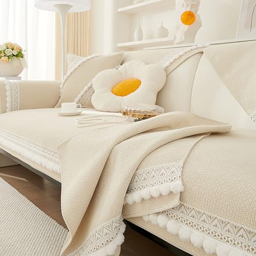 OwkHome Chenille-Sofabezug for Alle Jahreszeiten, Rutschfester Möbelschutz(Beige,90 * 90cm/35.4 * 35.4in) von OwkHome