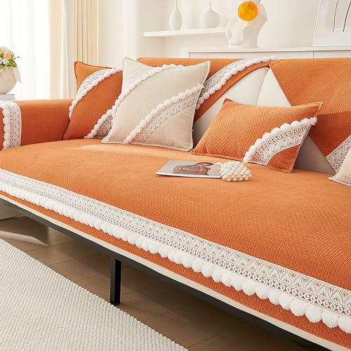 OwkHome Chenille-Sofabezug for Alle Jahreszeiten, Rutschfester Möbelschutz(Orange,110 * 110cm/43 * 43in) von OwkHome