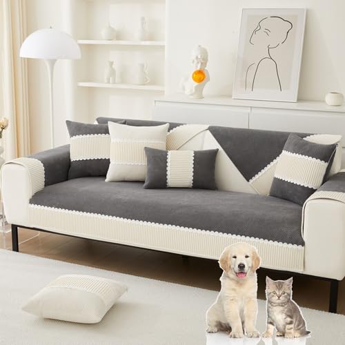 OwkHome Cord-Patchwork-Sofabezug, Rutschfester Schnitt-Schonbezug, Haustierbeständiger Möbelschutz(Dgray,110 * 110cm/43 * 43in) von OwkHome