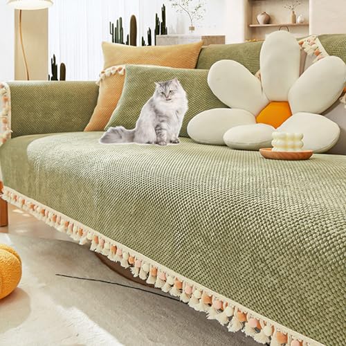 OwkHome Cord-Sofabezug Mit Fransen – Verdickter, Rutschfester Sofabezug for Herbst Und Winter, Warmer Möbelschutz(Green,110 * 240cm/43 * 94.5in) von OwkHome