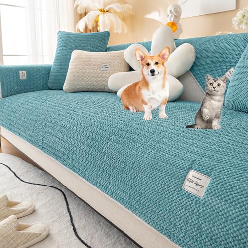 OwkHome Cord-Sofabezug for Eckcouch, Weicher Schonbezug for 2 3 4 Kissen, L-förmiger Möbelschutz(Blue,90 * 210cm/35.4 * 83in) von OwkHome