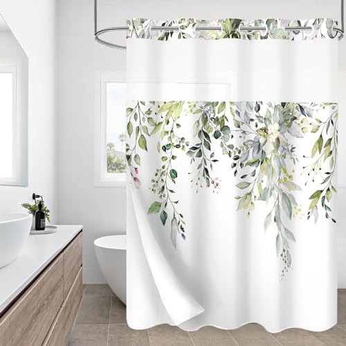 OwkHome Duschvorhang Im Hotelstil Mit Olivgrünen Eukalyptusblättern, Mit Einsteckfutter Und Durchsichtigem Fenster Oben, 183 X 188 cm(Sage Green,72" W x 86" L (Pack of 1)) von OwkHome