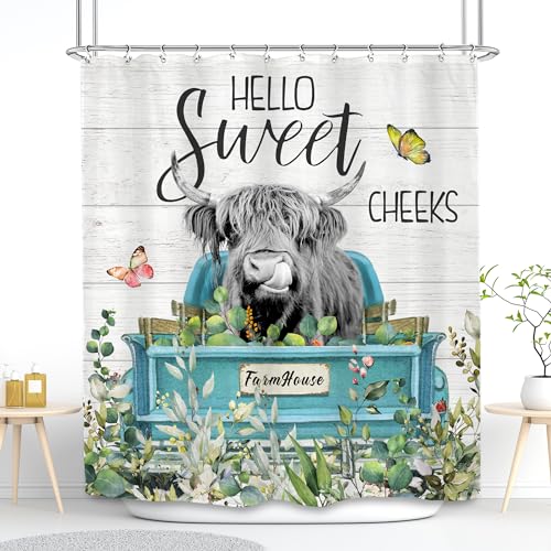 OwkHome Duschvorhang Mit Highland-Kuh-Motiv Und Frühlingswildblumen, Wasserdichtes Polyester, 12 Haken(A-Cow Leaves,72" W x 72" L (Pack of 1)) von OwkHome
