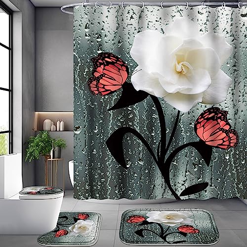 OwkHome Duschvorhang-Set Mit Blauen Rosen, 4-teilig, Badezimmerdekor Mit Rutschfesten Teppichen Und 12 Haken(Rose-15) von OwkHome