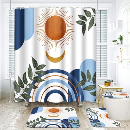 OwkHome Duschvorhang-Set Mit Tropischem Palmenstrandmotiv, Mit Rutschfesten Teppichen, Toilettendeckelbezug Und 12 Haken, Grünes Badezimmerdekor, 4-teiliges Set(Blue Boho) von OwkHome