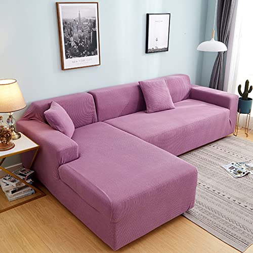 OwkHome Einfarbiger Jacquard-Sofabezug In L-Form, Dehnbarer, Rutschfester Sofabezug(Light Purple,3 Seater+3 Seater) von OwkHome