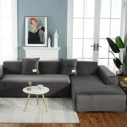 OwkHome Elastischer Sofabezug In L-Form Mit Möbelschutz Aus Plüschstoff(Grey,4 Seater+4 Seater) von OwkHome