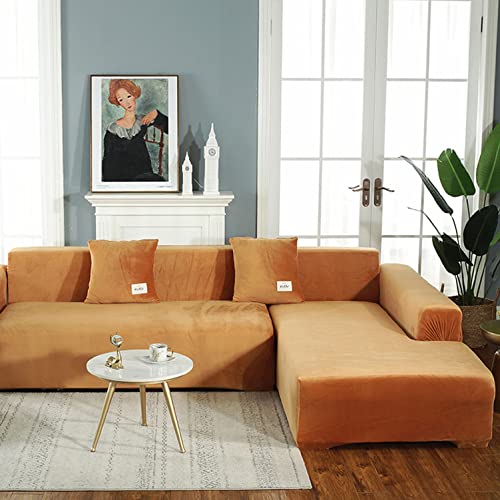 OwkHome Elastischer Sofabezug In L-Form Mit Möbelschutz Aus Plüschstoff(Yellow,2 Seater+2 Seater) von OwkHome