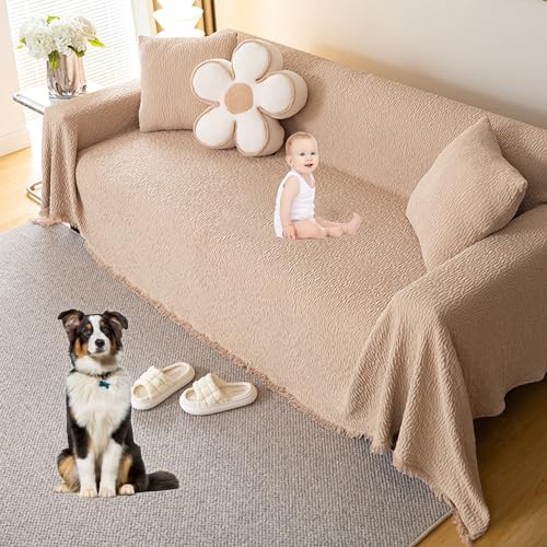 OwkHome Elastischer Sofabezug Mit Quasten, Rutschfester Couchbezug for Haustiere, Waschbarer Stoffschutz, Passend for Loveseat 2/3/4 Kissen(Khaki,180 * 360cm/71 * 141.7in) von OwkHome