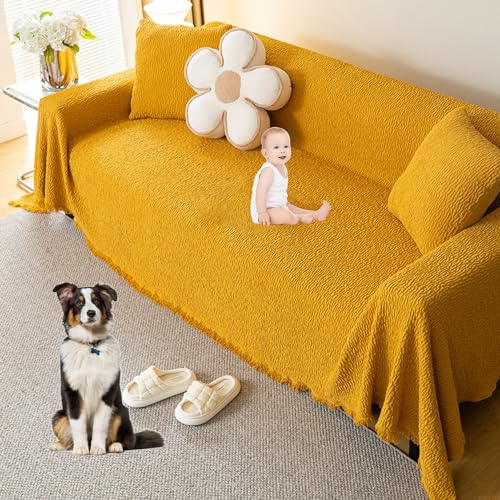 OwkHome Elastischer Sofabezug Mit Quasten, Rutschfester Couchbezug for Haustiere, Waschbarer Stoffschutz, Passend for Loveseat 2/3/4 Kissen(Yellow,180 * 380cm/71 * 149.6in) von OwkHome