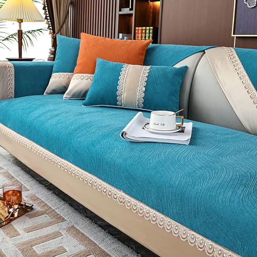 OwkHome Eleganter Sofabezug Aus Chenille Mit Spitzenbesatz, Rutschfester Möbelschutz, Waschbarer Schonbezug(Lblue,90 * 180cm/35.4 * 71in) von OwkHome