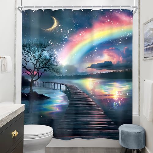 OwkHome Fantasie Duschvorhang - Zauberhaft Schöner Feen Garten Mit Pilzwunderland, Holzbaum, Magischer Waldschmetterling Und Blumen - for Mädchenbad(Rainbow Tree,60" W x 72" L) von OwkHome