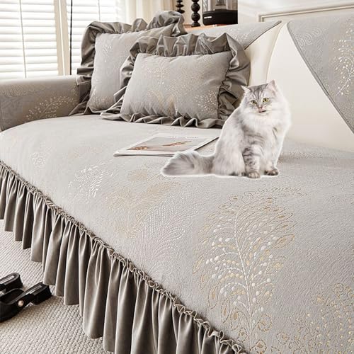 OwkHome Klassischer Chenille-Sofabezug Im Vintage-Stil Mit Rock Und Passendem Kissen, Rutschfester Schonbezug for Alle Jahreszeiten(Grey,60 * 60cm/armrest) von OwkHome