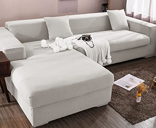 OwkHome L-förmiger Ecksofa-Schonbezug, Hochelastischer, Rutschfester Jacquard-Möbelschutz(White,4 Seater+4 Seater) von OwkHome