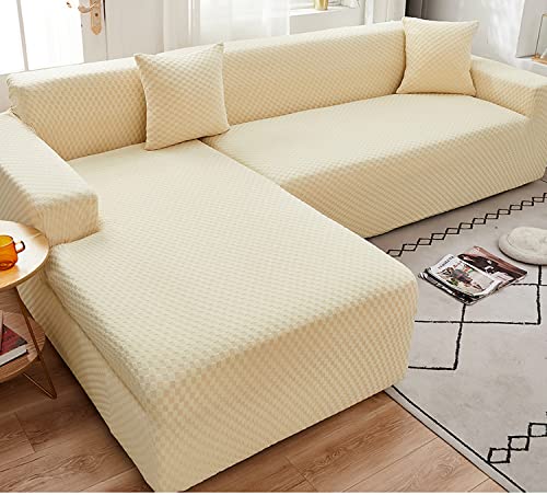 OwkHome L-förmiger Jacquard-Sofabezug Mit Elastischem Rand, Rutschfester Stretch-Möbelschutz for Sektionscouch(White,4 Seater+4 Seater) von OwkHome