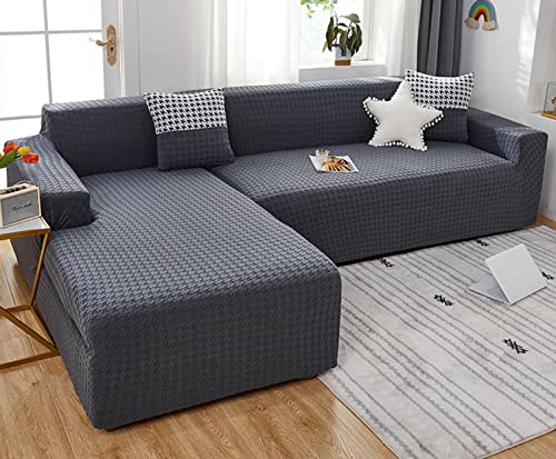 OwkHome L-förmiger Jacquard-Sofabezug Mit Elastischer Unterseite, Dehnbarer, Rutschfester Schonbezug for Anbausofas(Dark Grey,3 Seater+4 Seater) von OwkHome