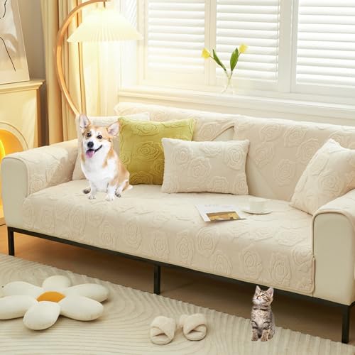 OwkHome L-förmiger Jacquard-Sofabezug Mit Rutschfestem Design, Plüsch-Möbelschutz(Beige,90 * 180cm/35.4 * 71in) von OwkHome