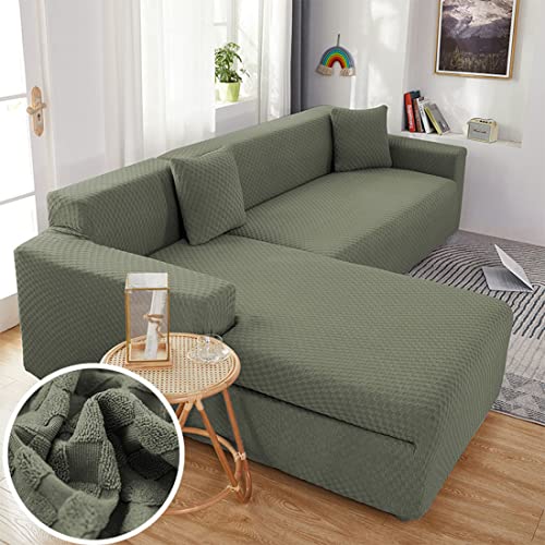 OwkHome L-förmiger Jacquard-Sofabezug Mit Rutschfester Unterseite, Dicker, Dehnbarer Möbelschutz(Green,3 Seater+3 Seater) von OwkHome