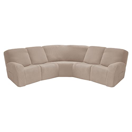 OwkHome L-förmiger Liegesofabezug Mit Seitentaschen, Jacquard-Stretch-Möbelschutz(Khaki) von OwkHome
