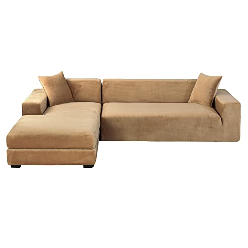 OwkHome L-förmiger Sofabezug Aus Samt Mit Rutschfestem Design, Modularer Stretch-Möbelschutz(Khaki,4+4 Seater) von OwkHome