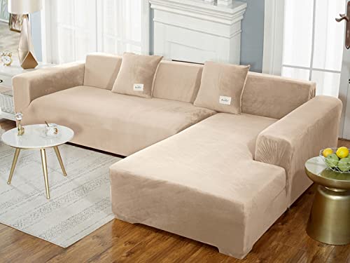 OwkHome L-förmiger Sofabezug Aus Samt Und Plüsch, Stretch, Elastischer Unterer Schnittschutz(Light Brown,4 Seater+4 Seater) von OwkHome