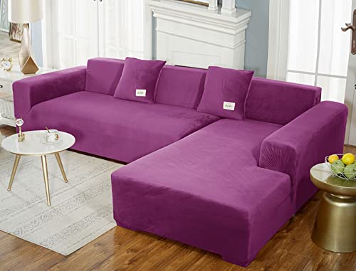 OwkHome L-förmiger Sofabezug Aus Samt Und Plüsch, Stretch, Elastischer Unterer Schnittschutz(Purple,4 Seater+4 Seater) von OwkHome