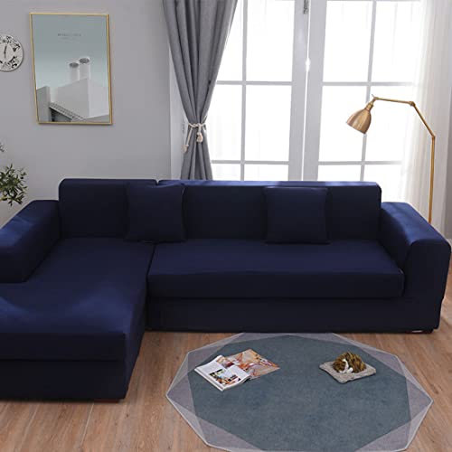OwkHome L-förmiger Sofabezug Mit Elastischen Kanten, Einfarbiger Stretch-Möbelschutz(Dark Blue,2 Seater(145-185cm)) von OwkHome