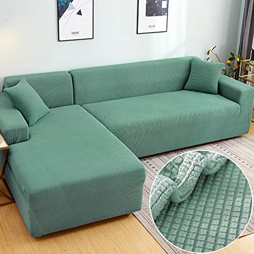 OwkHome L-förmiger Stretch-Sofabezug, Rutschfester Schonbezug Aus Jacquard-Stoff, Waschbarer Möbelschutz(Green,3 Seater+4 Seater) von OwkHome