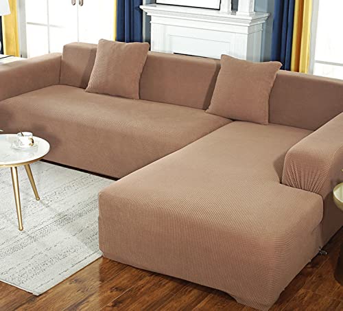 OwkHome L-förmiger Stretch-Sofabezug Mit Elastischer Unterseite, Dicker Möbelschutz for Anbausofas(Khaki,3 Seater+4 Seater) von OwkHome