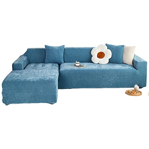 OwkHome L-förmiges Sofabezug-Set Aus Samt Mit Kissenbezug, Rutschfester, Waschbarer Möbelschutz(Blue,4 Seater+4 Seater) von OwkHome