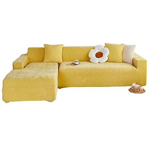 OwkHome L-förmiges Sofabezug-Set Aus Samt Mit Kissenbezug, Rutschfester, Waschbarer Möbelschutz(Yellow,3 Seater+3 Seater) von OwkHome